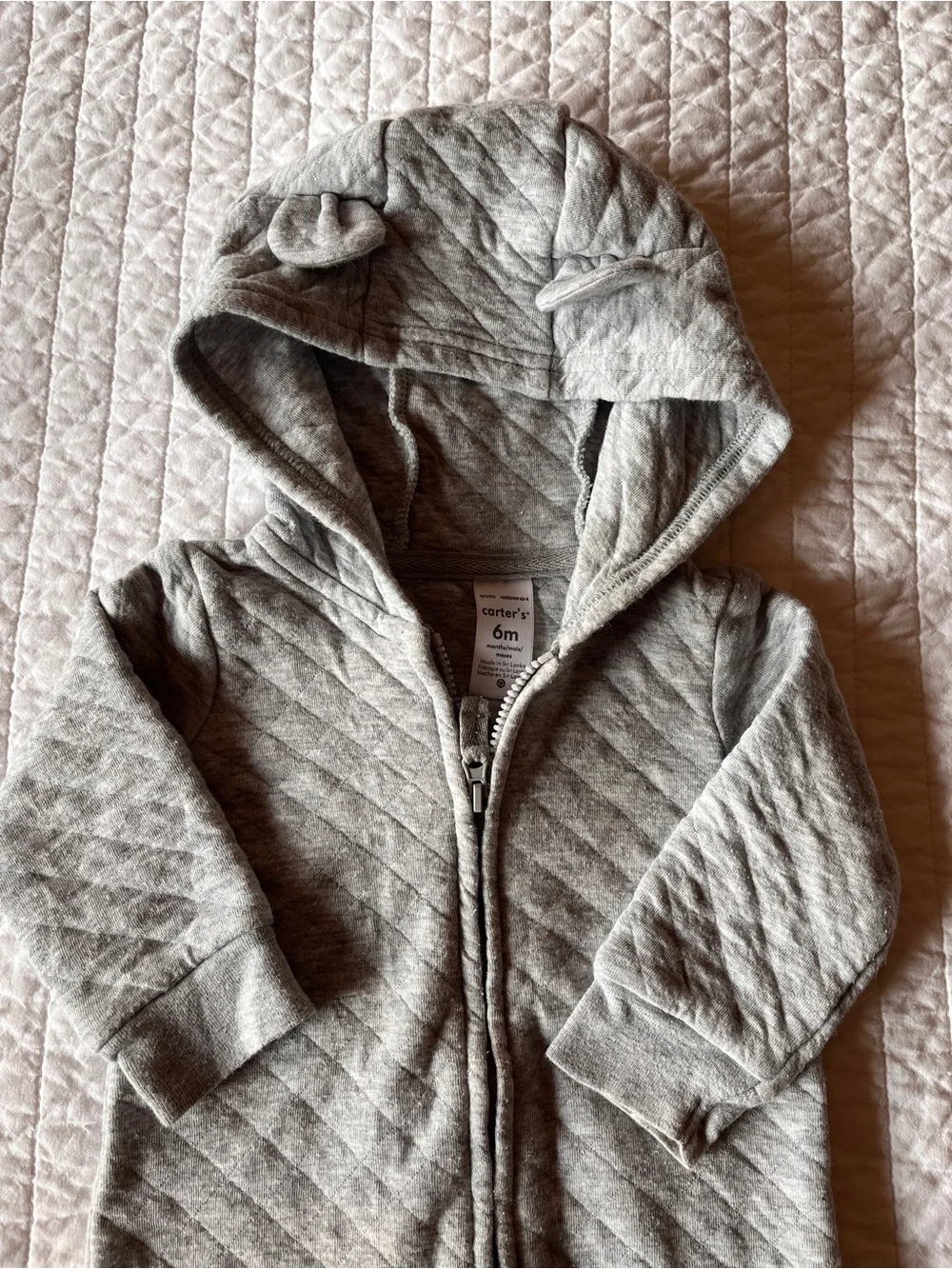 Carter’s Gray Quilted Hooded Baby One-Piece Romper 6m